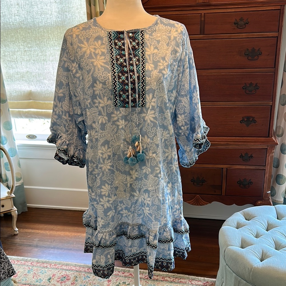 Blue Floral Tunic Dress with Tassel Detail